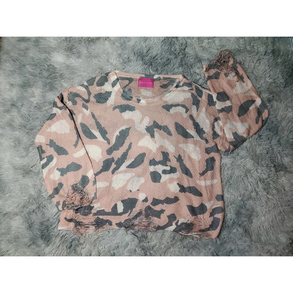 Time After Time Camouflage Distressed Knit Sweater Pink Grey White Women's M